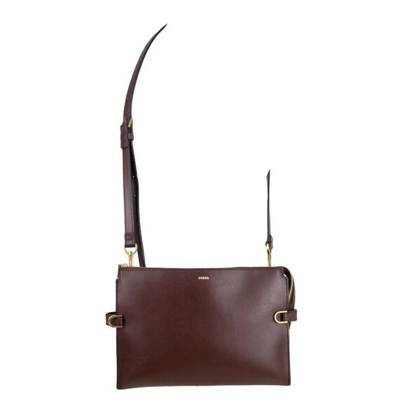 Fossil BROWN GENUINE LEATHER TWO COMPARTMENTS X-BODY SHOULDER BAG HANDBAG PURSE - Picture 1 of 16